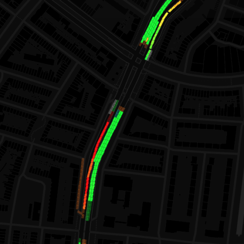Voor elk deel van de weg geeft de kleur aan of er een wachtrij staat.